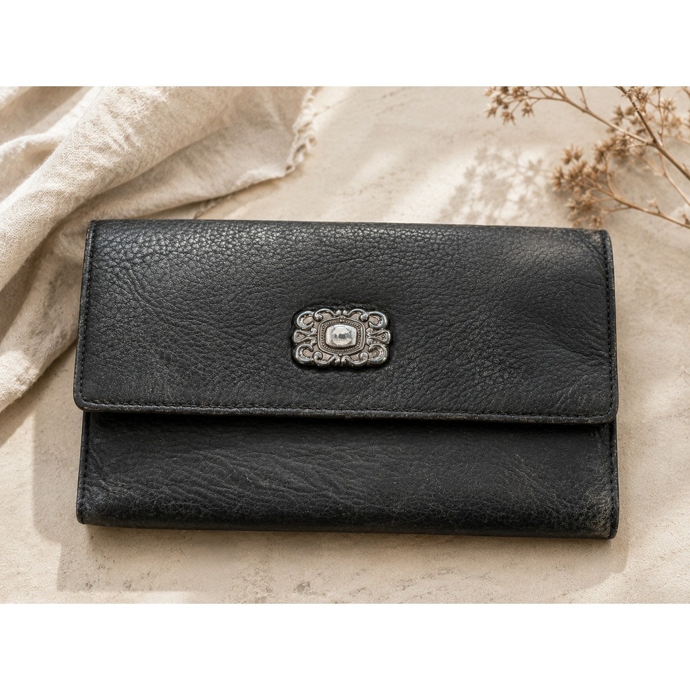 Fossil Black Leather Trifold Wallet‎ Western Filigree Medallion Checkbook Clutch